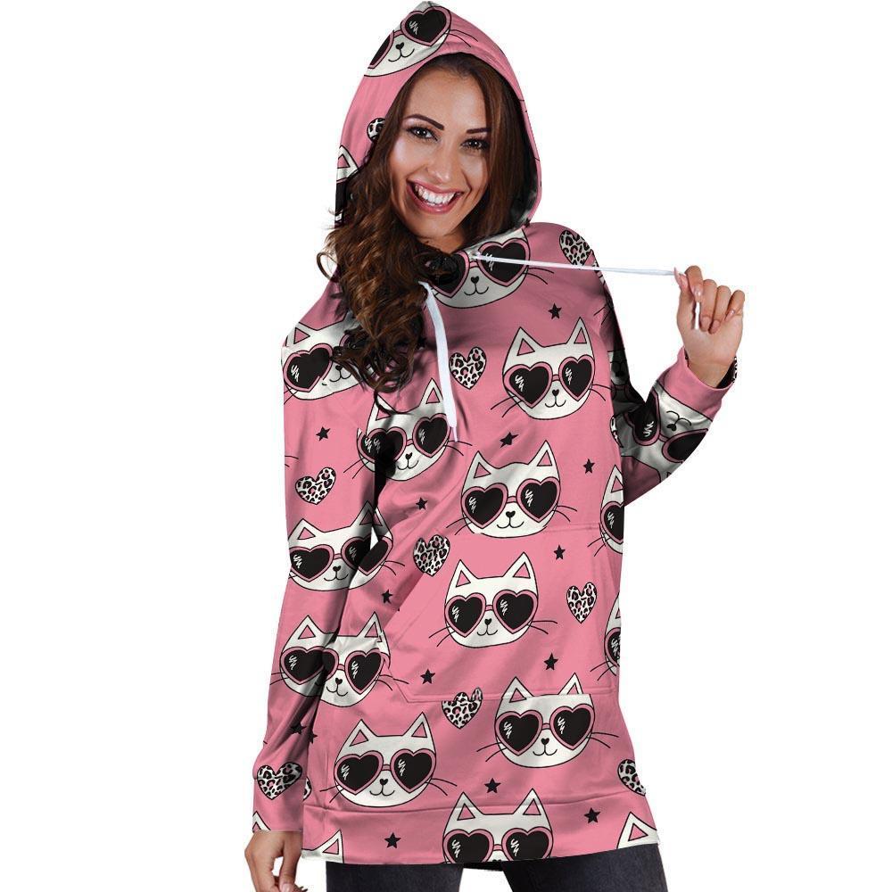 Pink Cat Print Hoodie Dress-grizzshop