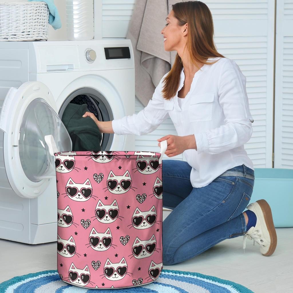 Pink Cat Print Laundry Basket-grizzshop