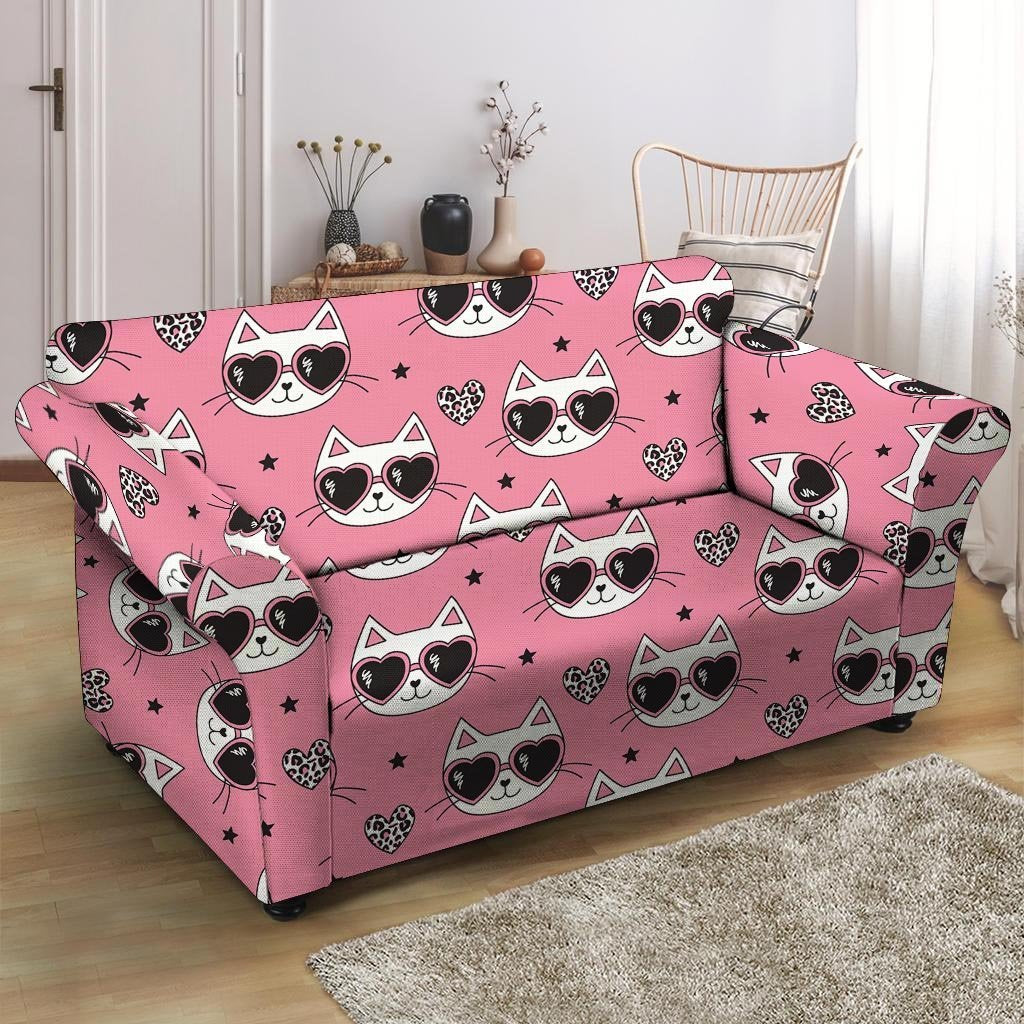 Pink Cat Print Loveseat Cover-grizzshop