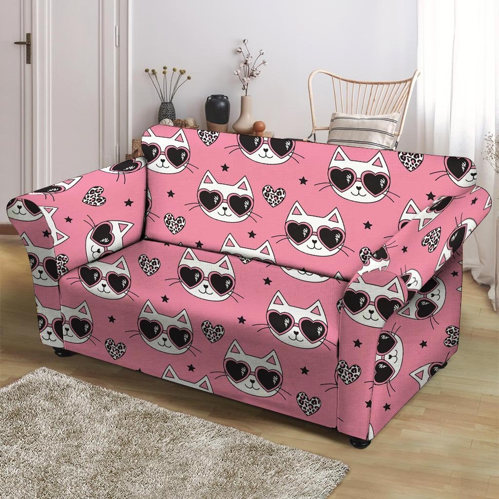 Pink Cat Print Loveseat Cover-grizzshop