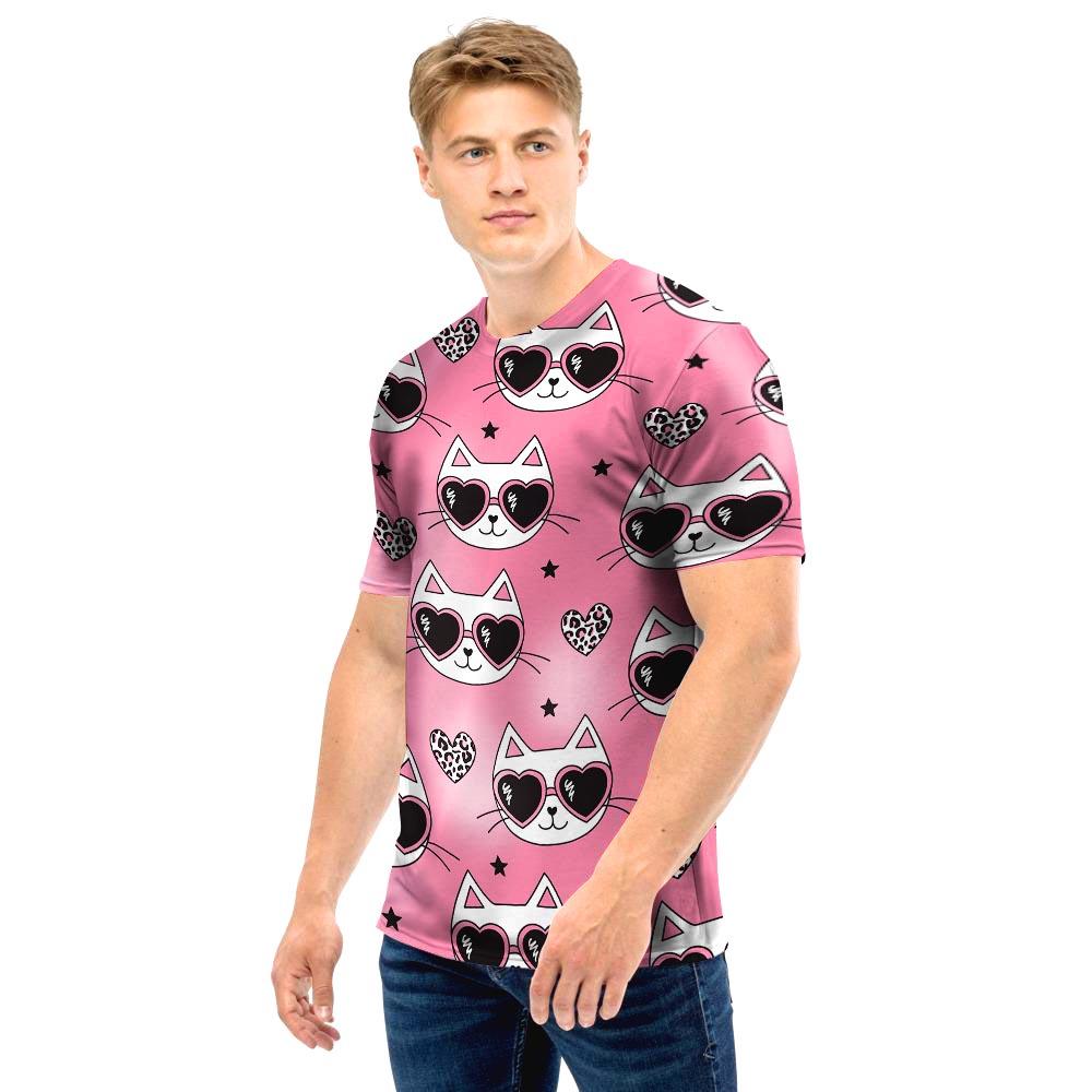 Pink Cat Print Men T Shirt-grizzshop