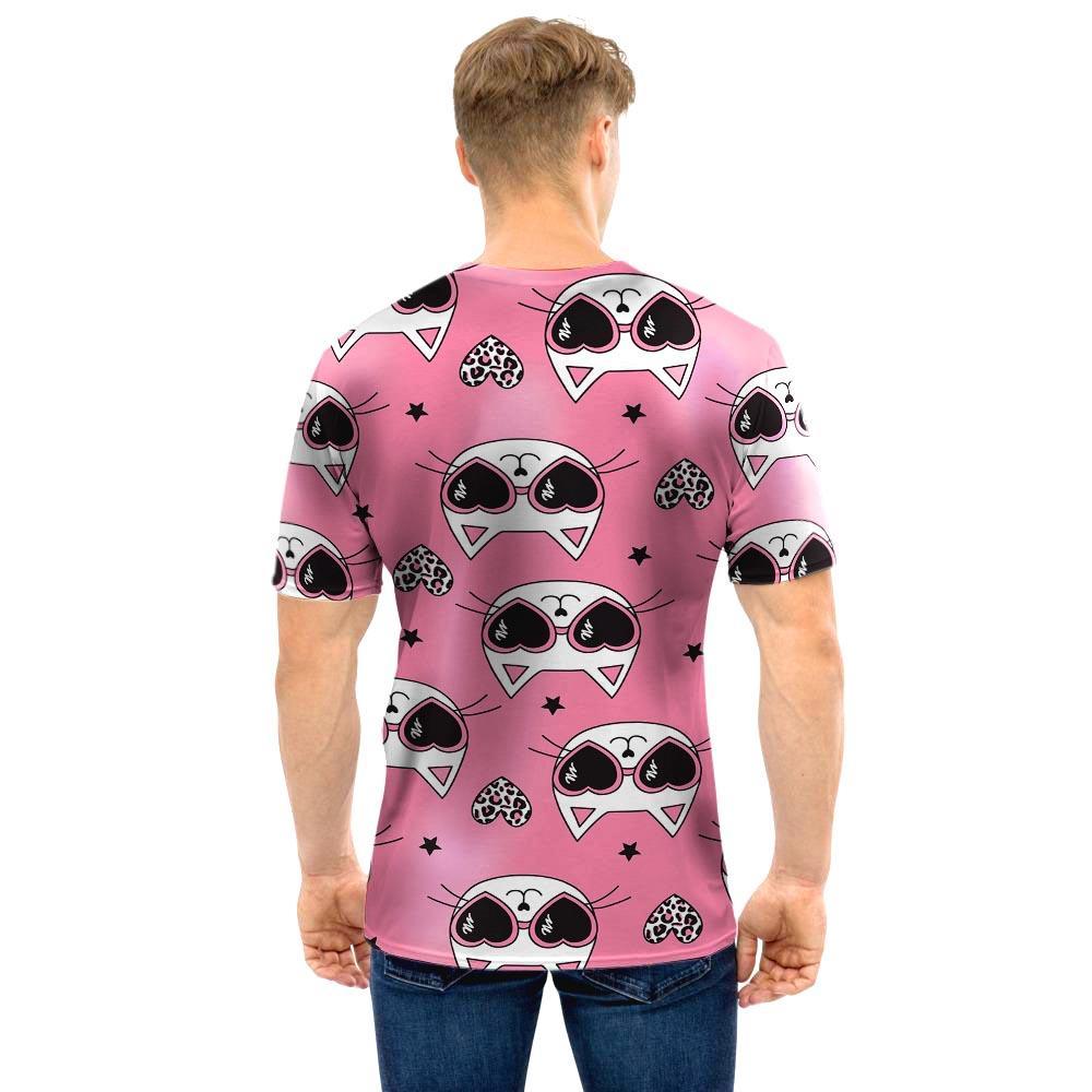 Pink Cat Print Men T Shirt-grizzshop