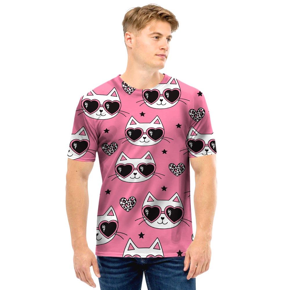 Pink Cat Print Men T Shirt-grizzshop