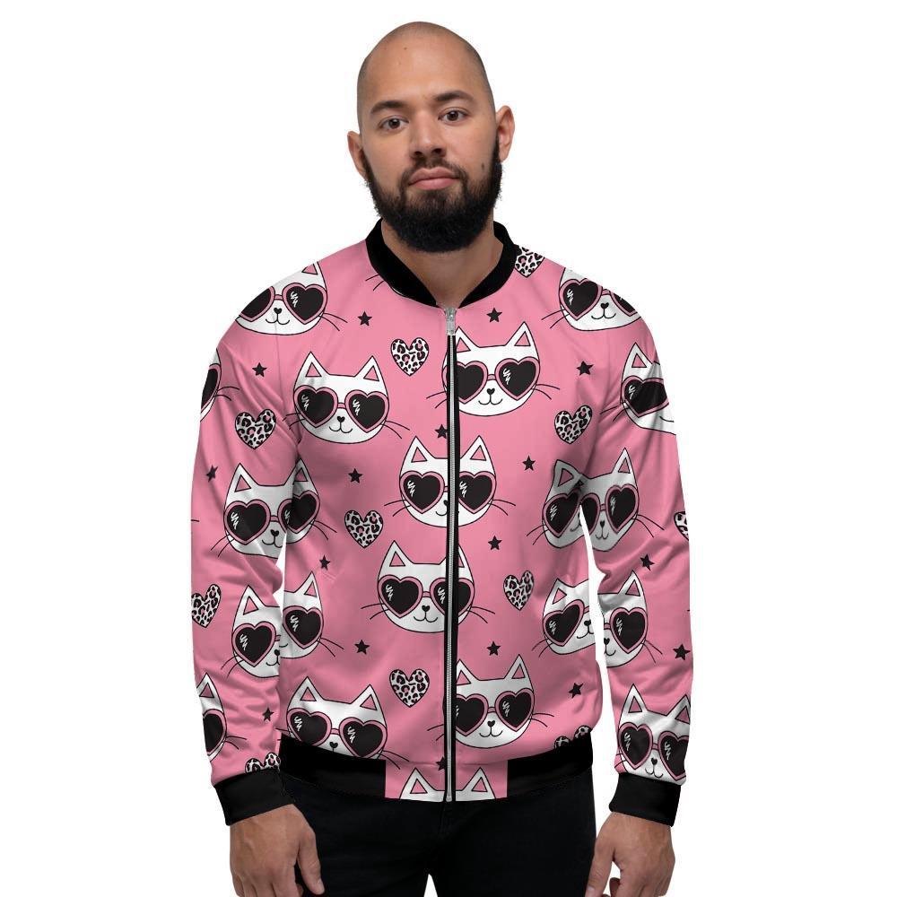 Pink Cat Print Men's Bomber Jacket-grizzshop