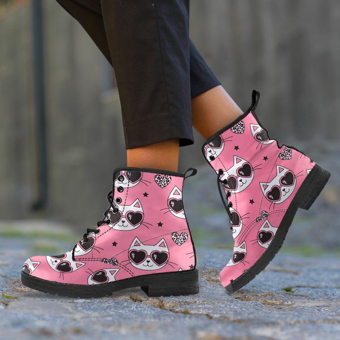 Pink Cat Print Men's Boots-grizzshop