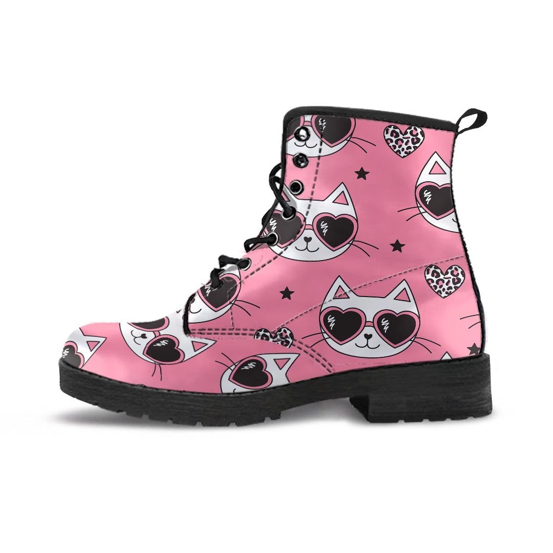 Pink Cat Print Men's Boots-grizzshop