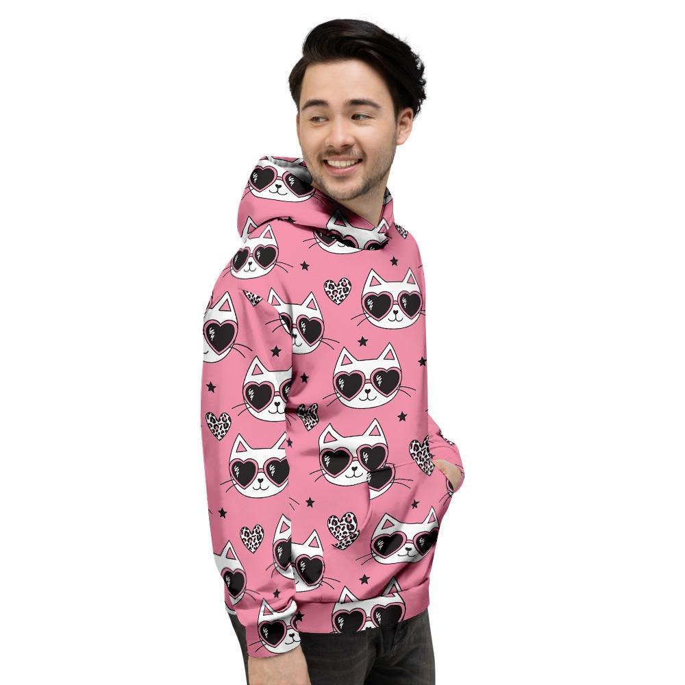Pink Cat Print Men's Hoodie-grizzshop