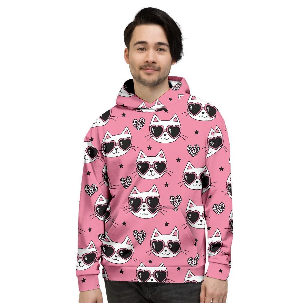 Pink Cat Print Men's Hoodie-grizzshop