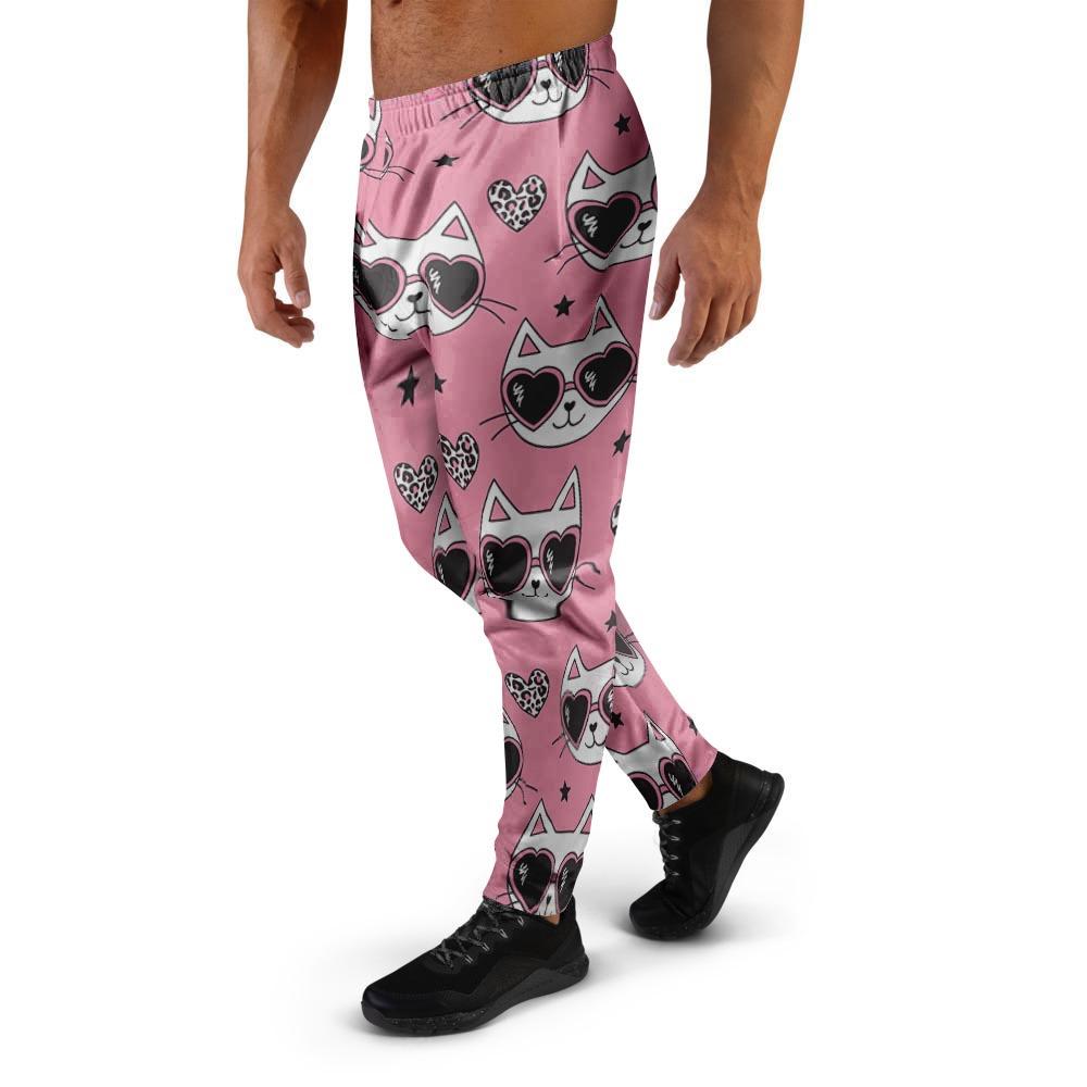 Pink Cat Print Men's Joggers-grizzshop