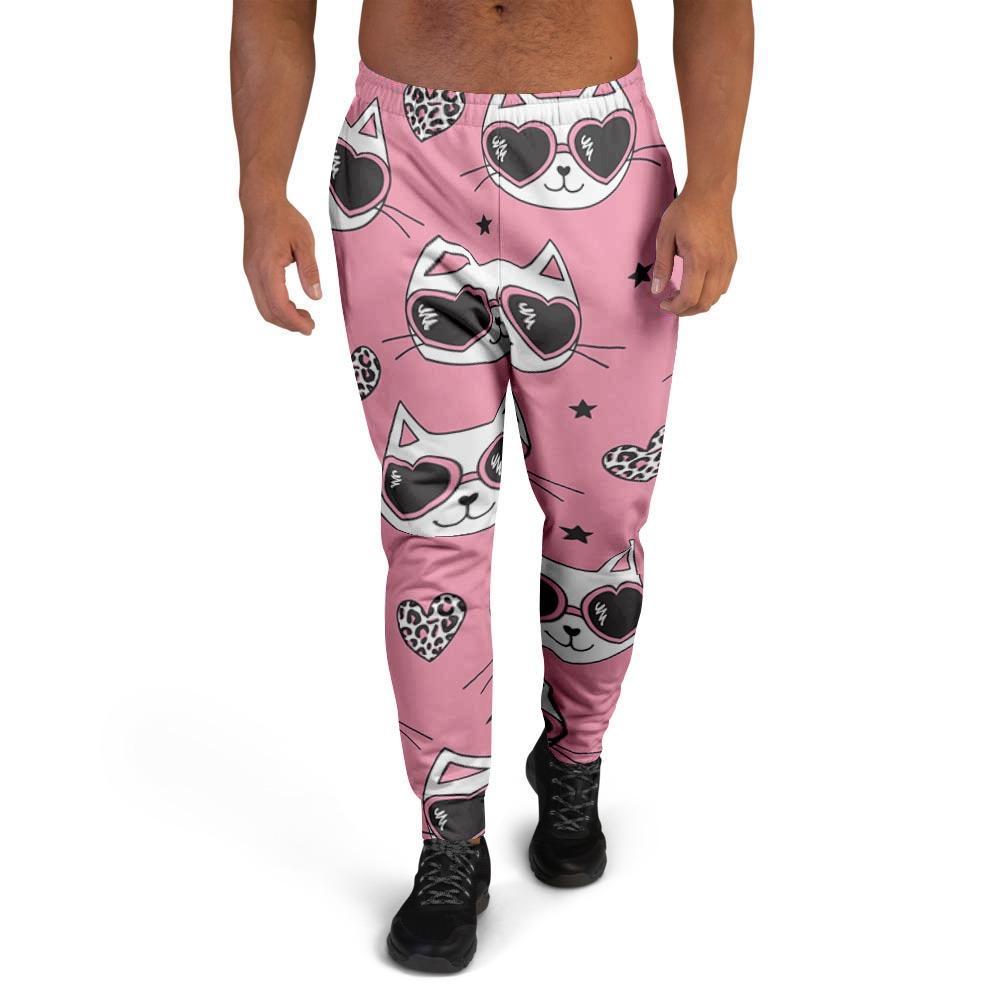 Pink Cat Print Men's Joggers-grizzshop