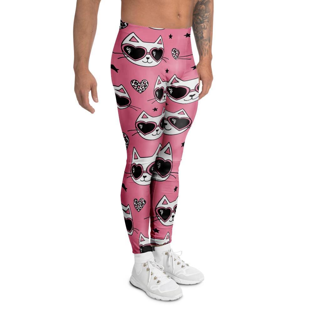 Pink Cat Print Men's Leggings-grizzshop