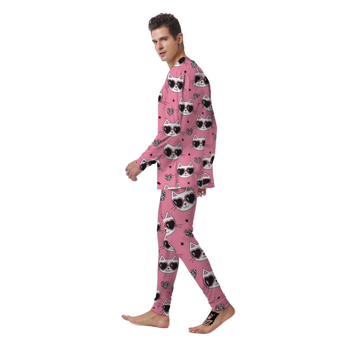 Pink Cat Print Men's Pajamas-grizzshop