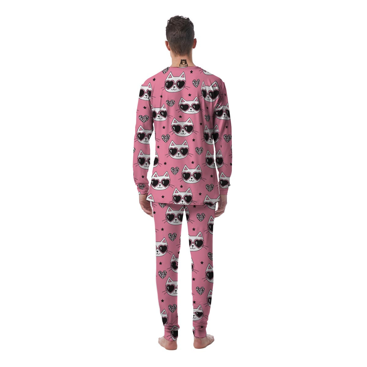 Pink Cat Print Men's Pajamas-grizzshop