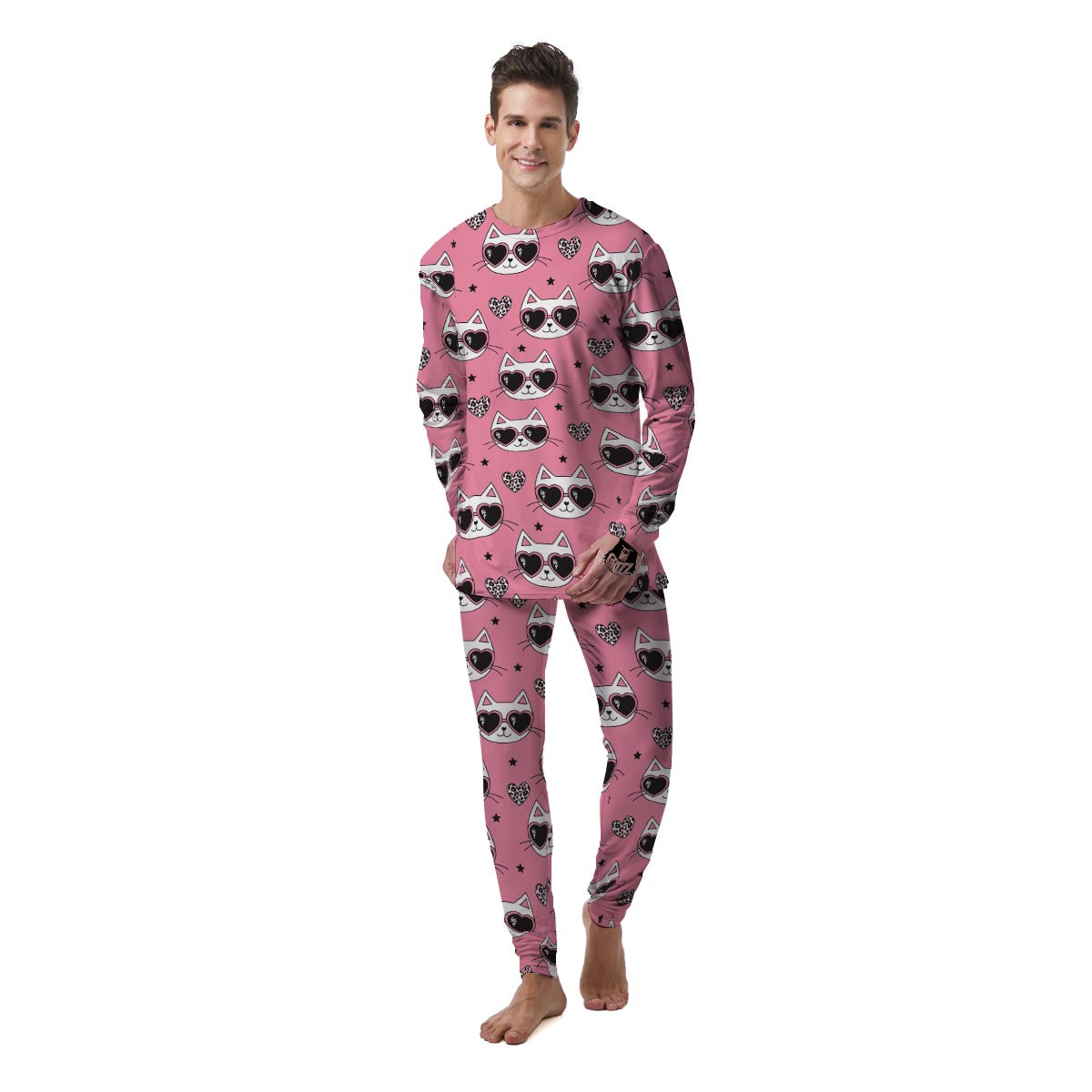 Pink Cat Print Men's Pajamas-grizzshop