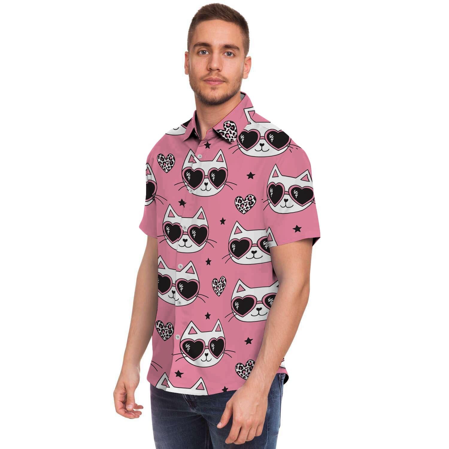 Pink Cat Print Men's Short Sleeve Shirt-grizzshop