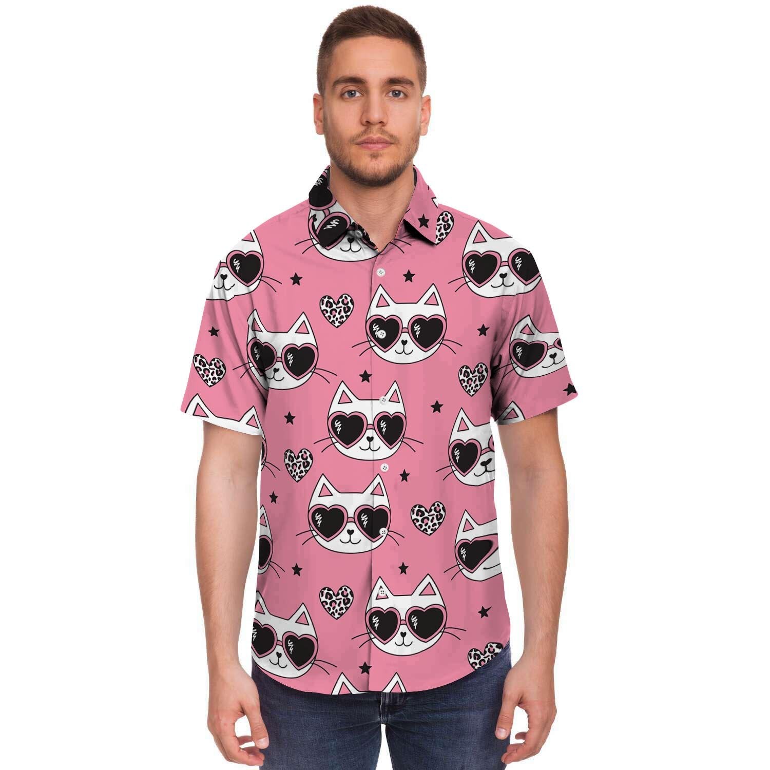Pink Cat Print Men's Short Sleeve Shirt-grizzshop