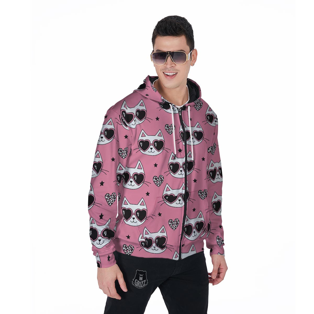 Pink Cat Print Men's Zip Up Hoodie-grizzshop
