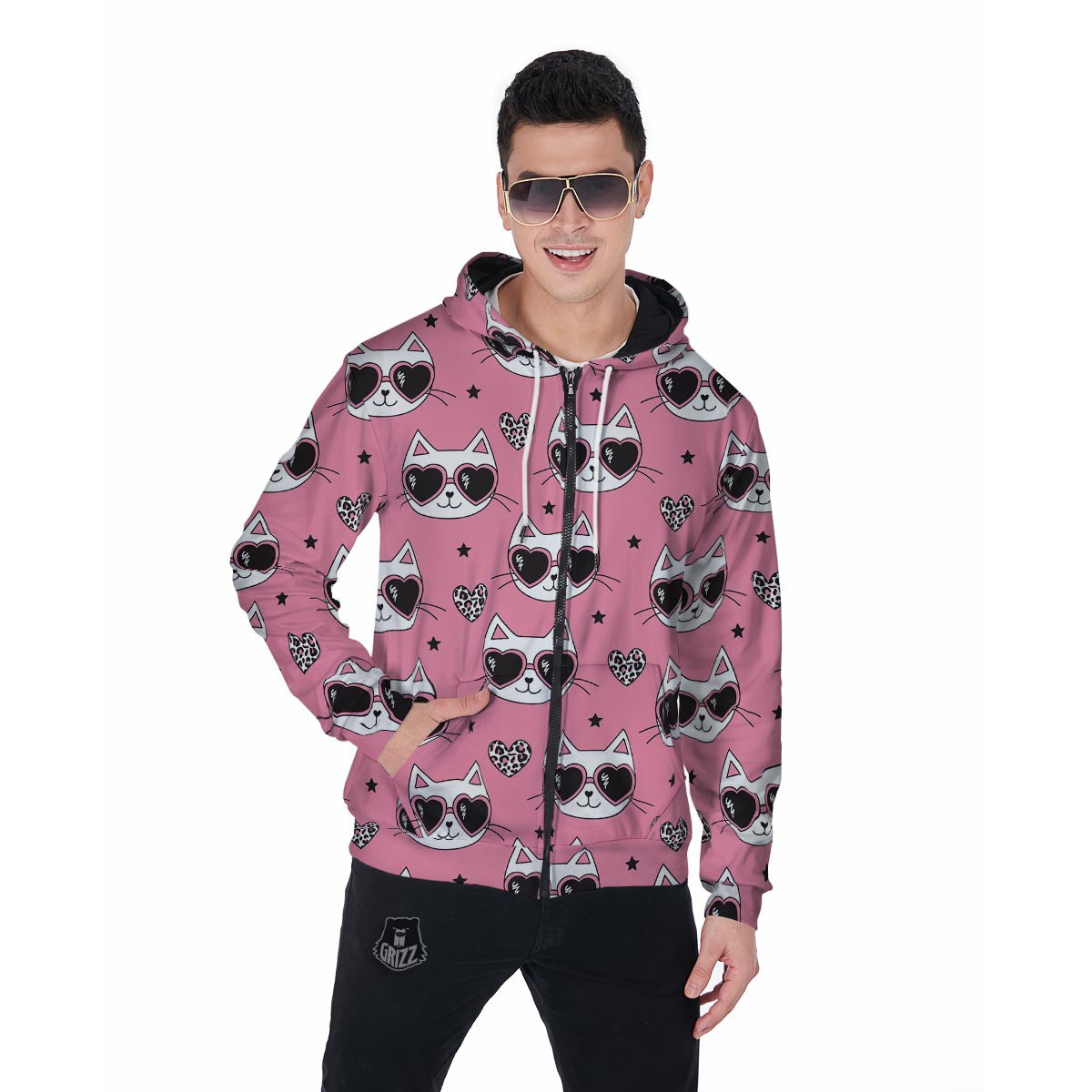 Pink Cat Print Men's Zip Up Hoodie-grizzshop