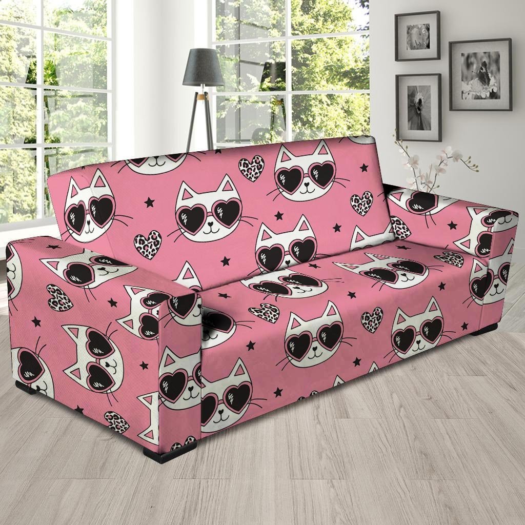 Pink Cat Print Sofa Cover-grizzshop