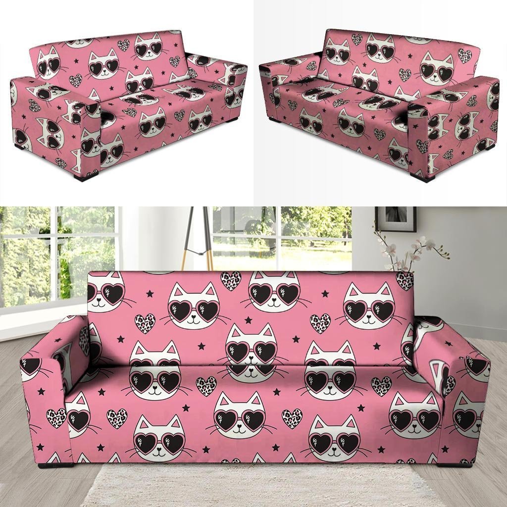 Pink Cat Print Sofa Cover-grizzshop