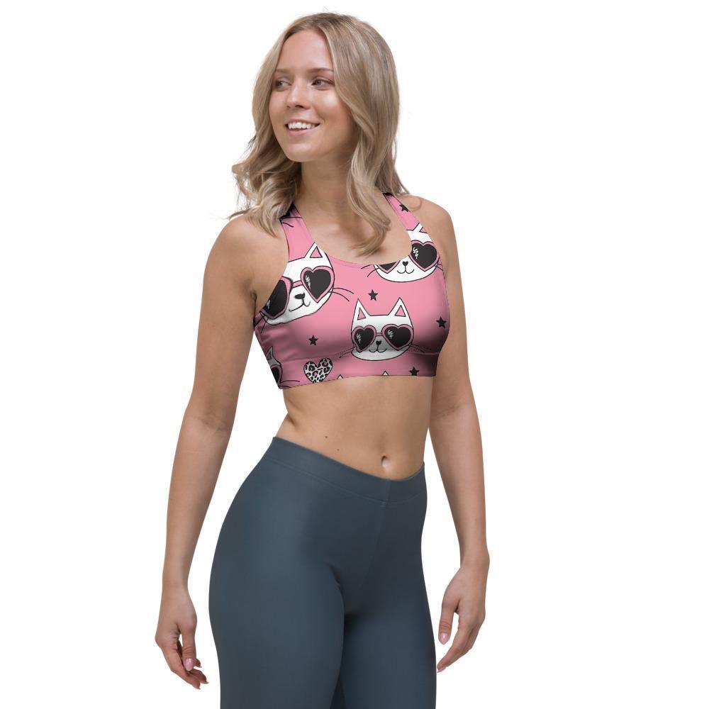 Pink Cat Print Sports Bra-grizzshop