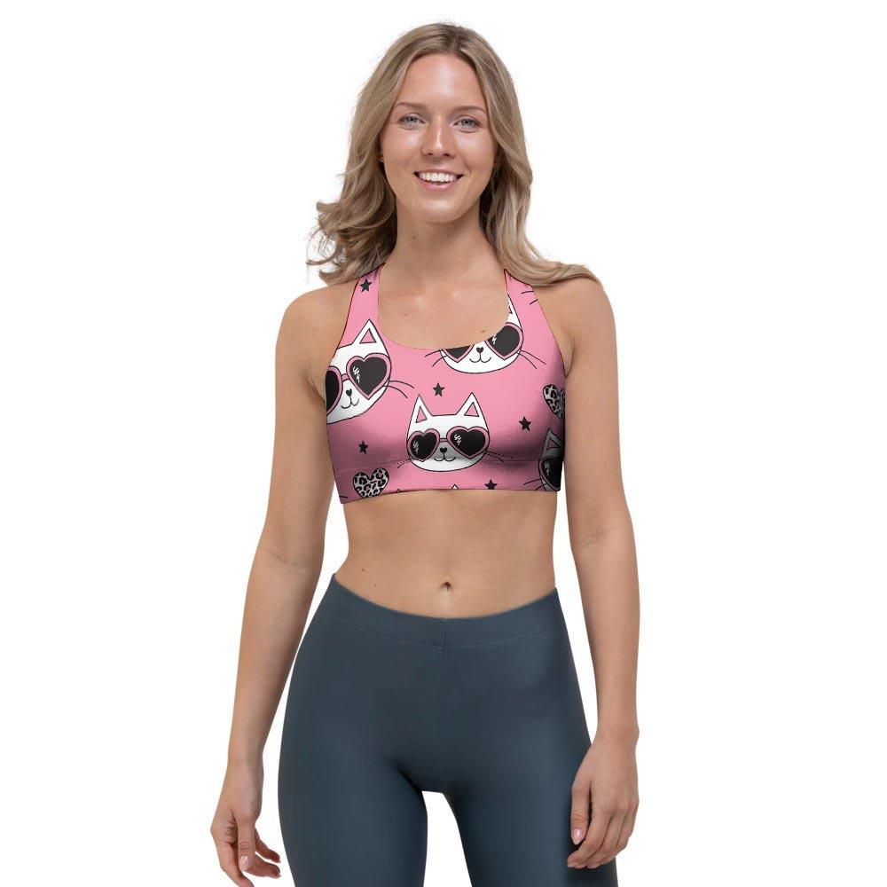 Pink Cat Print Sports Bra-grizzshop