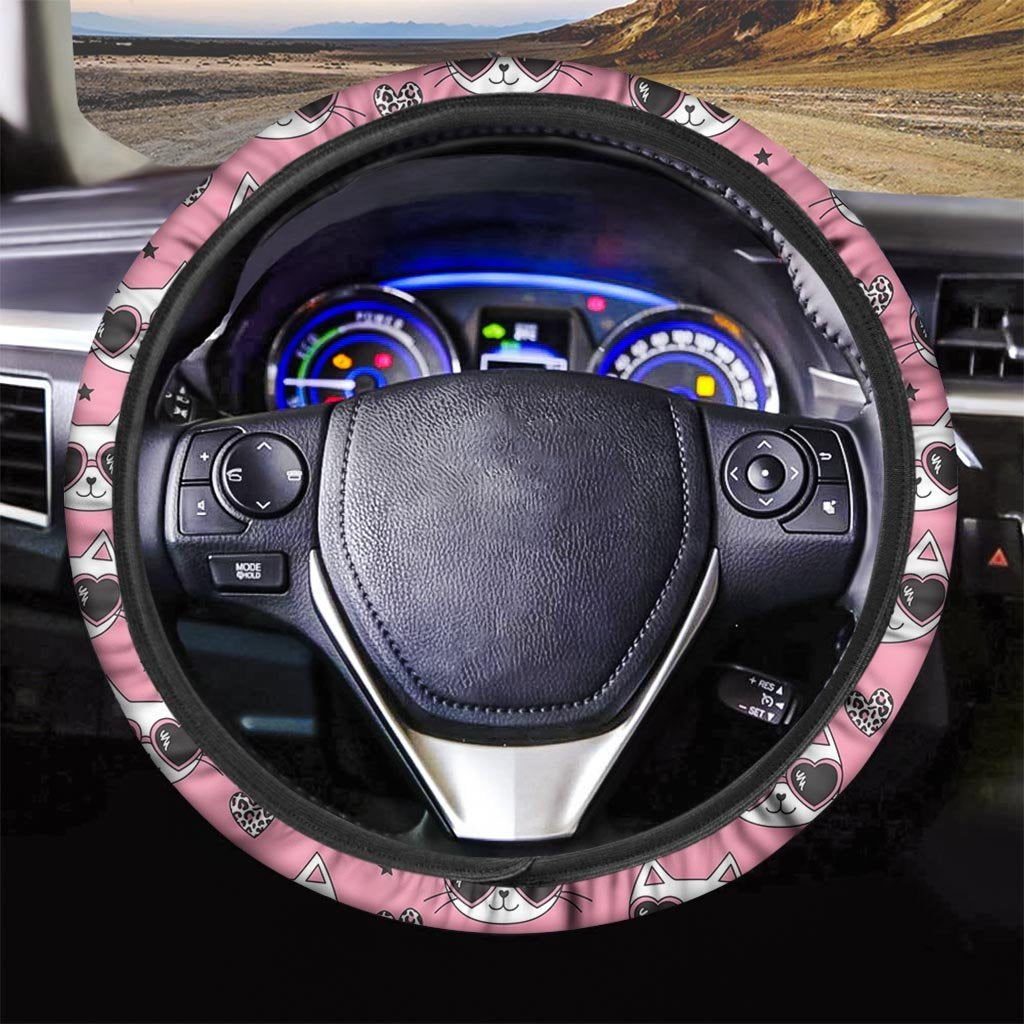 Pink Cat Print Steering Wheel Cover-grizzshop