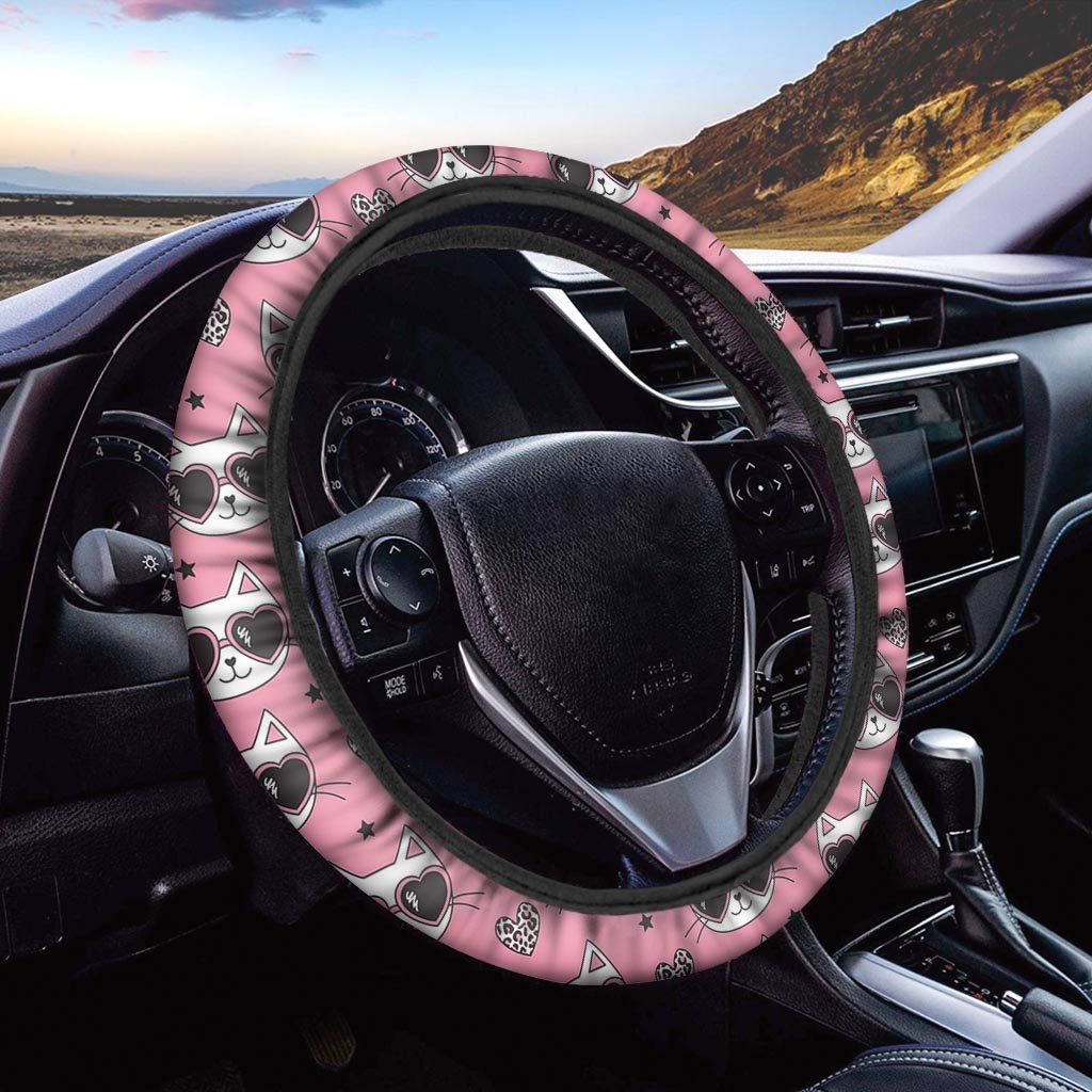 Pink Cat Print Steering Wheel Cover-grizzshop