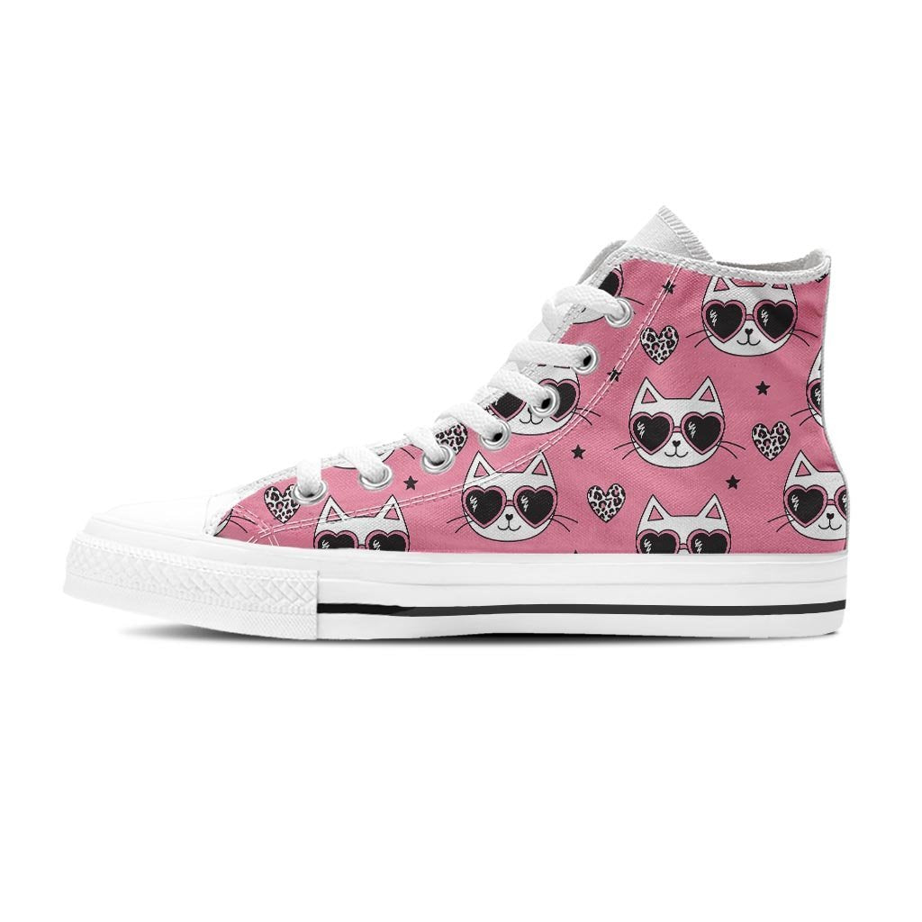Pink Cat Print Women's High Top Shoes-grizzshop