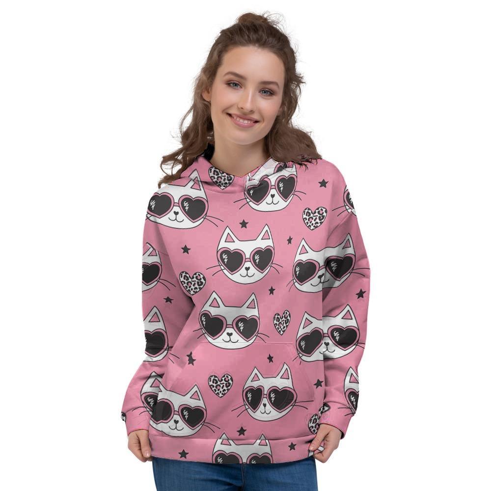 Pink Cat Print Women's Hoodie-grizzshop