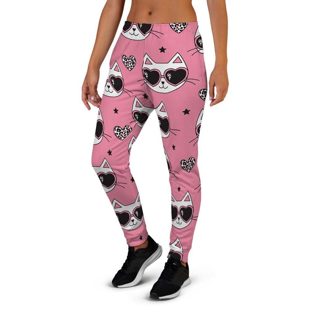 Pink Cat Print Women's Joggers-grizzshop