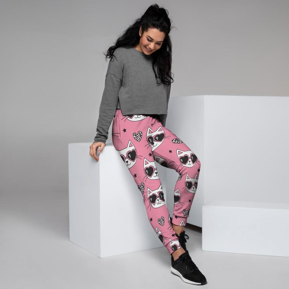 Pink Cat Print Women's Joggers-grizzshop