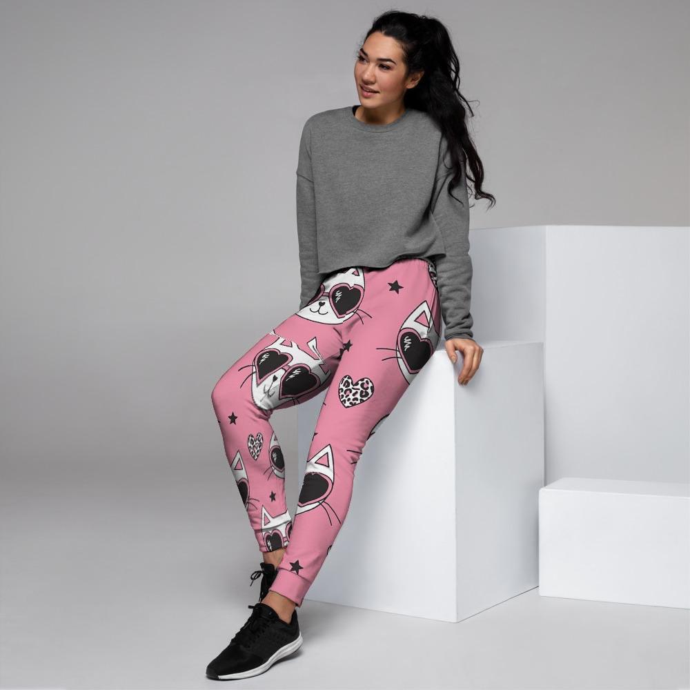 Pink Cat Print Women's Joggers-grizzshop