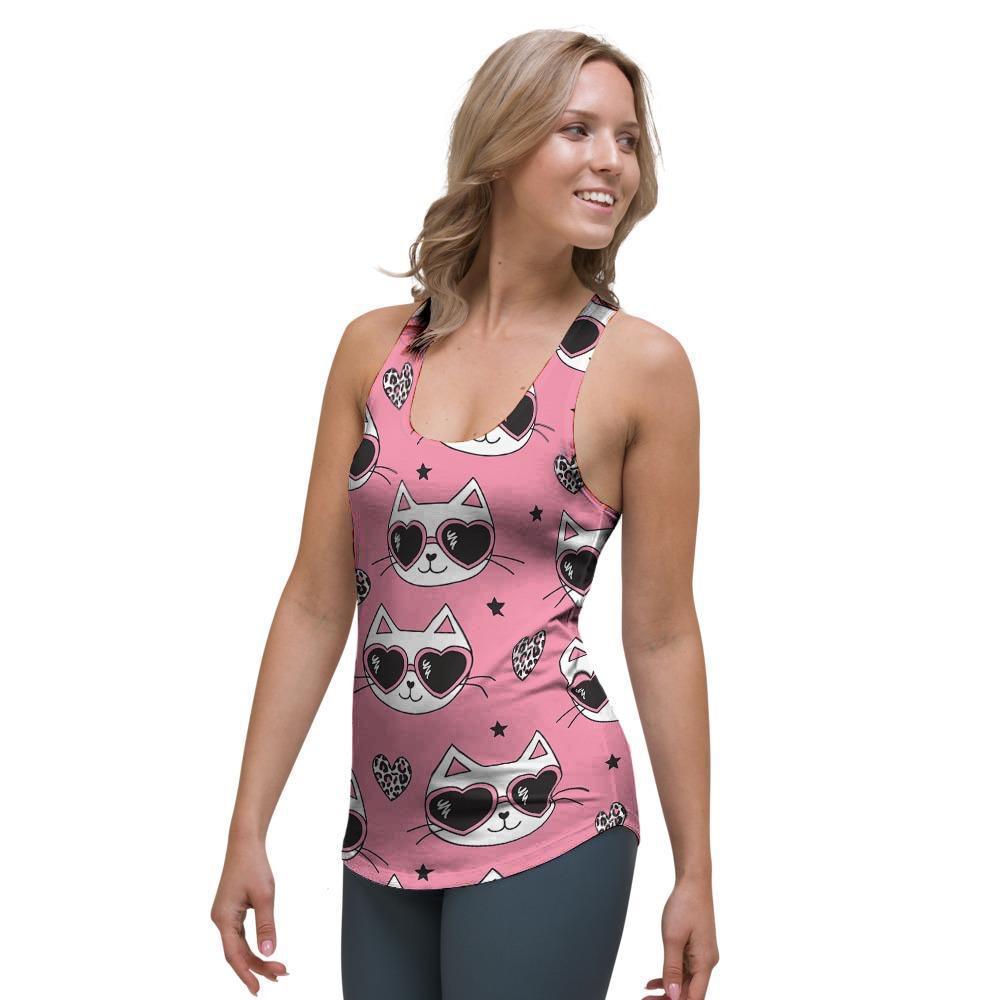 Pink Cat Print Women's Racerback Tank Top-grizzshop