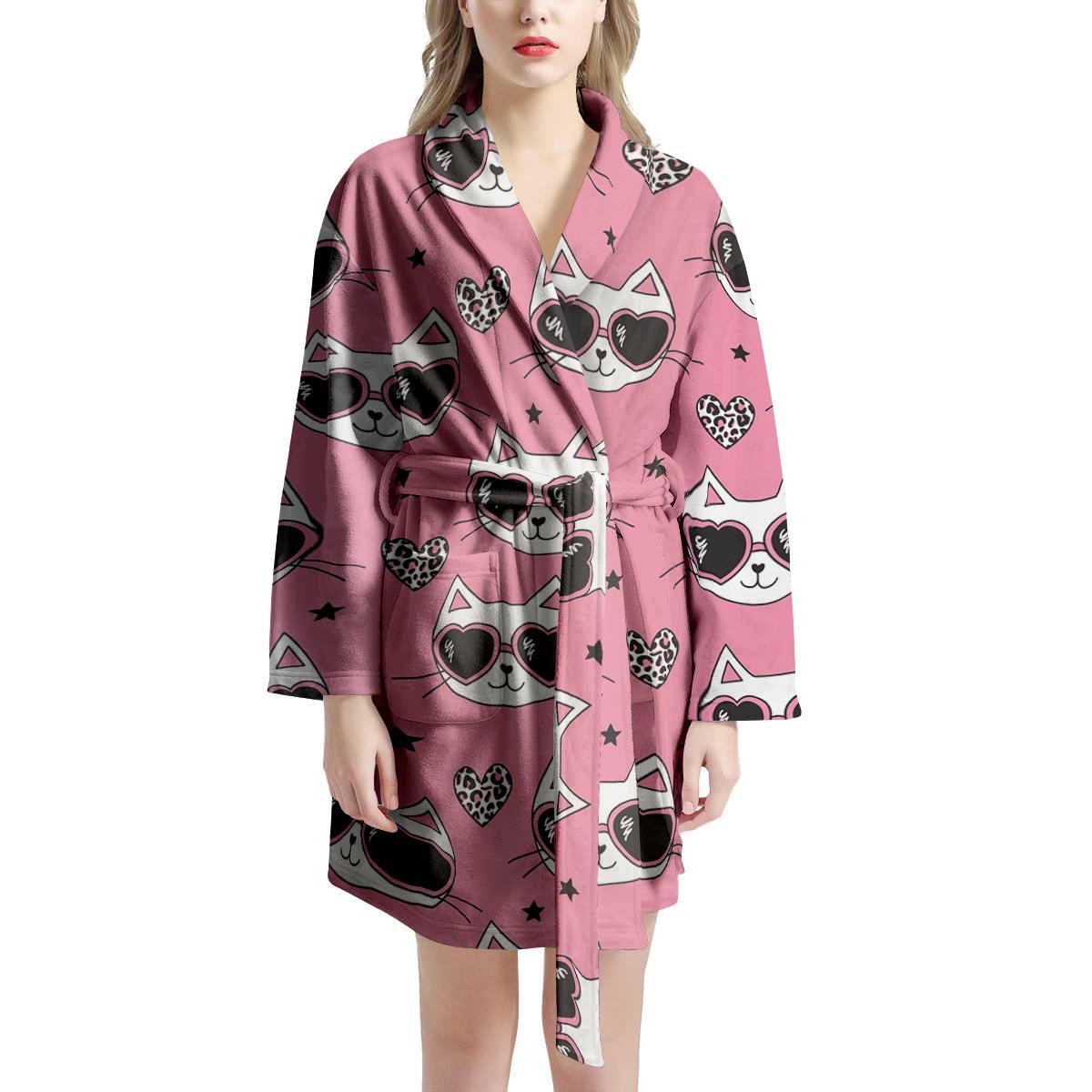 Pink Cat Print Women's Robe-grizzshop