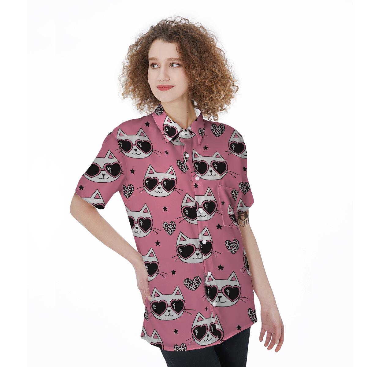 Pink Cat Print Women's Short Sleeve Shirts-grizzshop