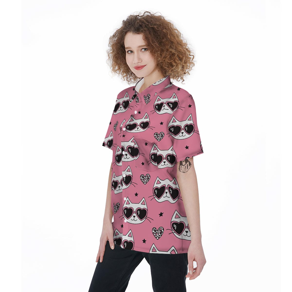 Pink Cat Print Women's Short Sleeve Shirts-grizzshop