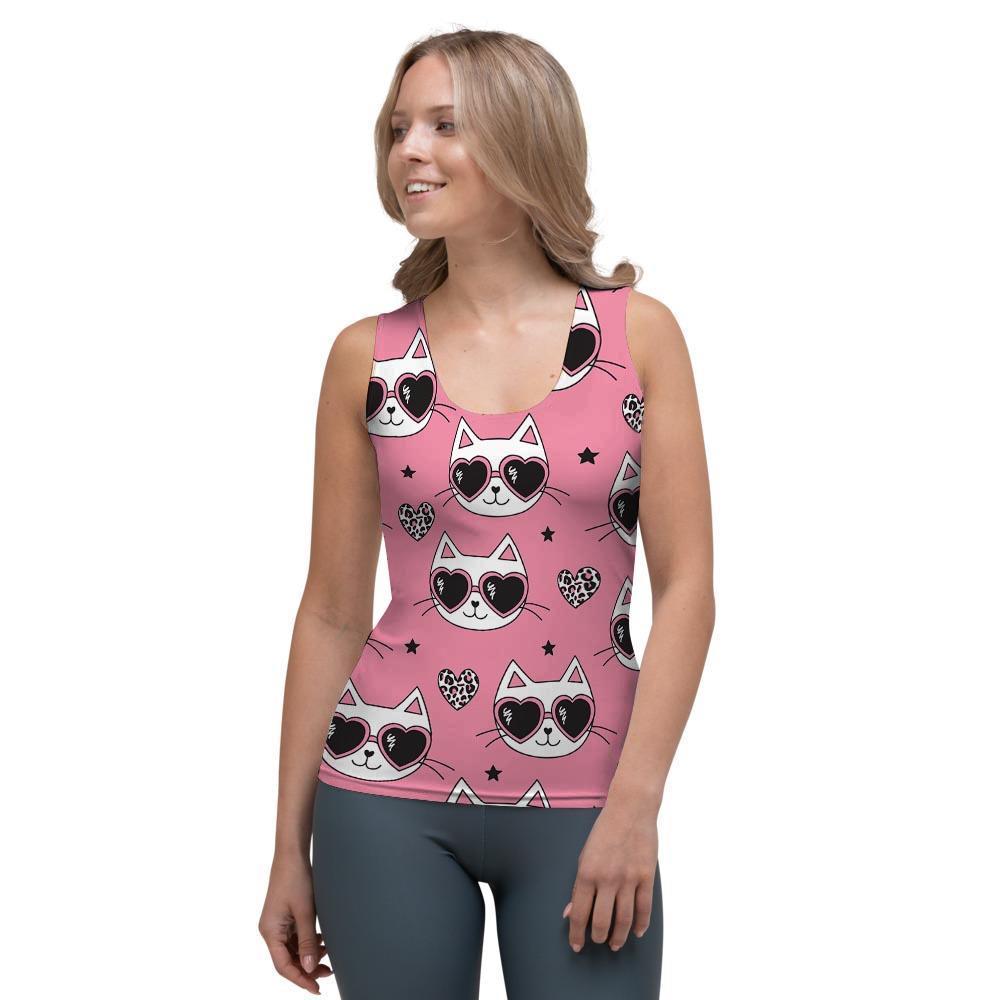 Pink Cat Print Women's Tank Top-grizzshop