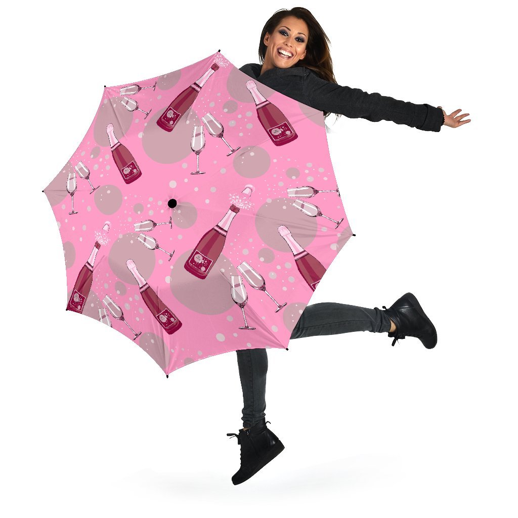 Pink Champagne Pattern Print Automatic Foldable Umbrella-grizzshop