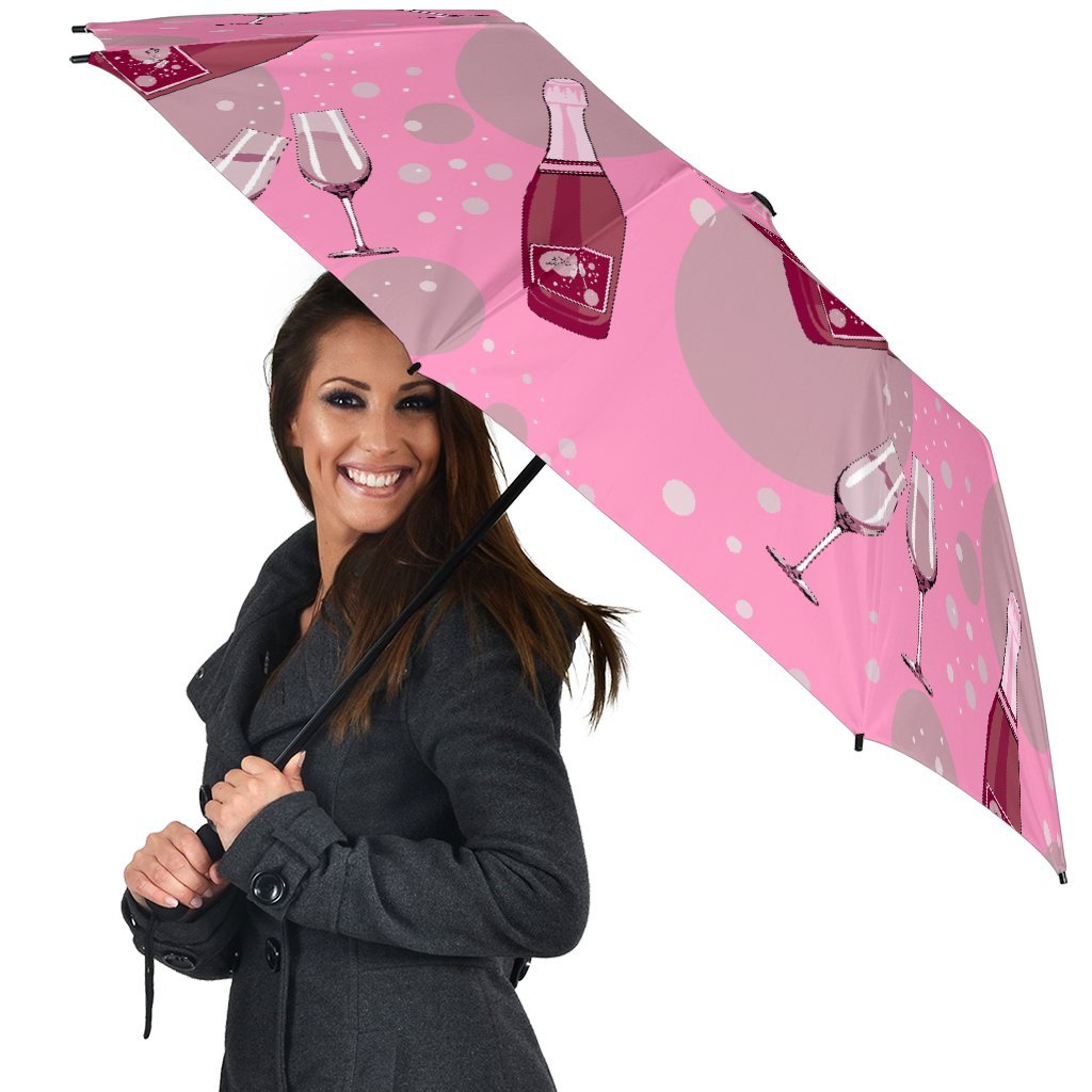 Pink Champagne Pattern Print Automatic Foldable Umbrella-grizzshop