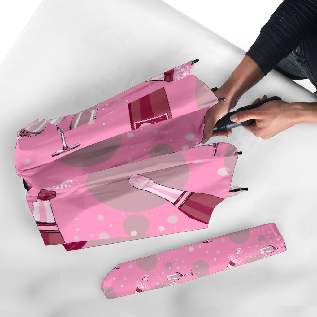 Pink Champagne Pattern Print Automatic Foldable Umbrella-grizzshop