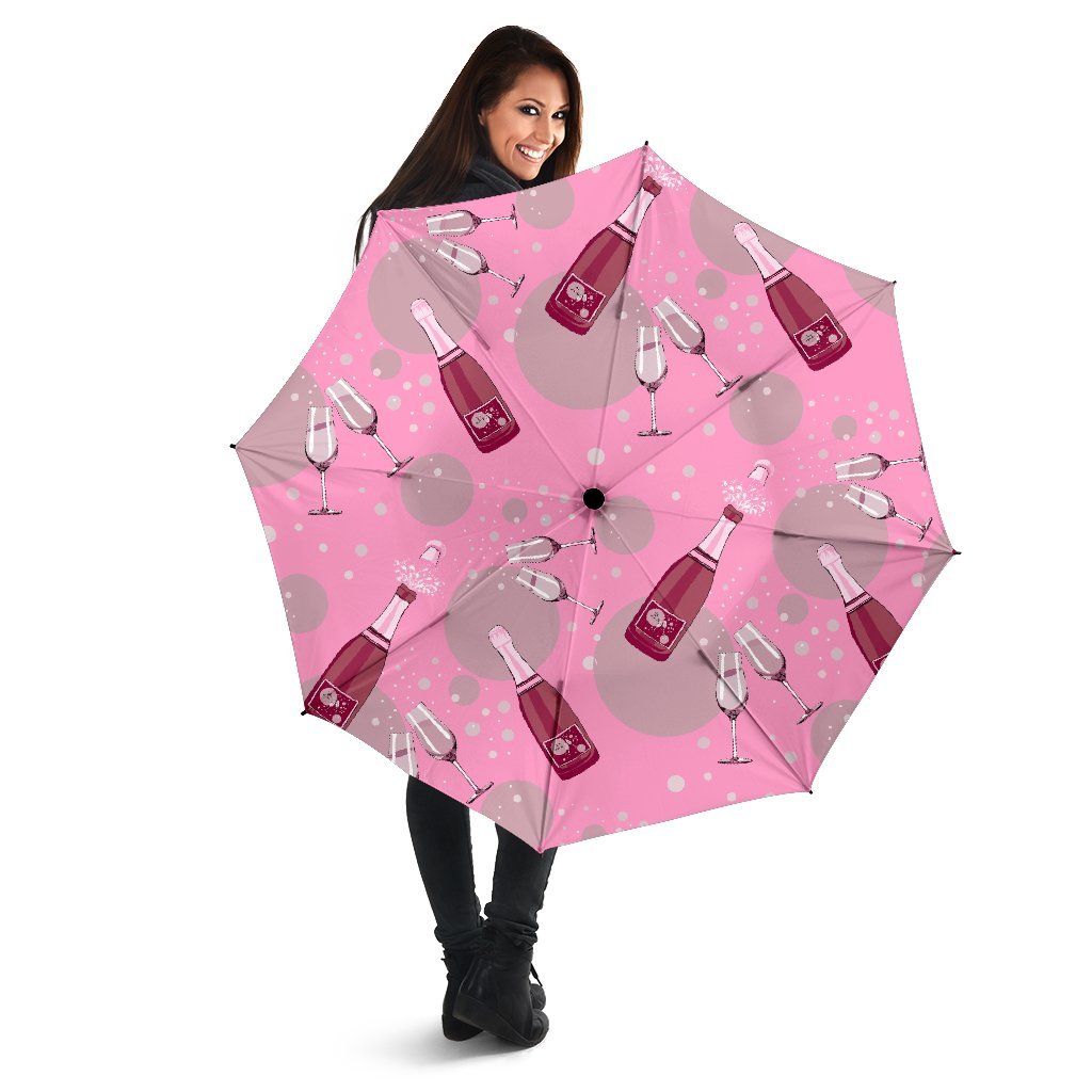 Pink Champagne Pattern Print Automatic Foldable Umbrella-grizzshop