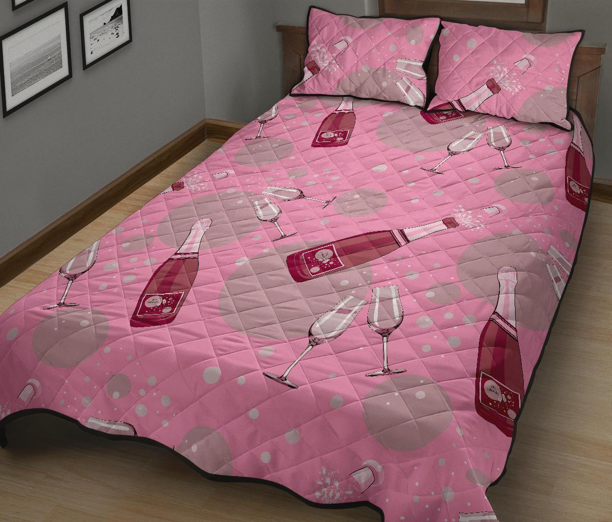Pink Champagne Pattern Print Bed Set Quilt-grizzshop