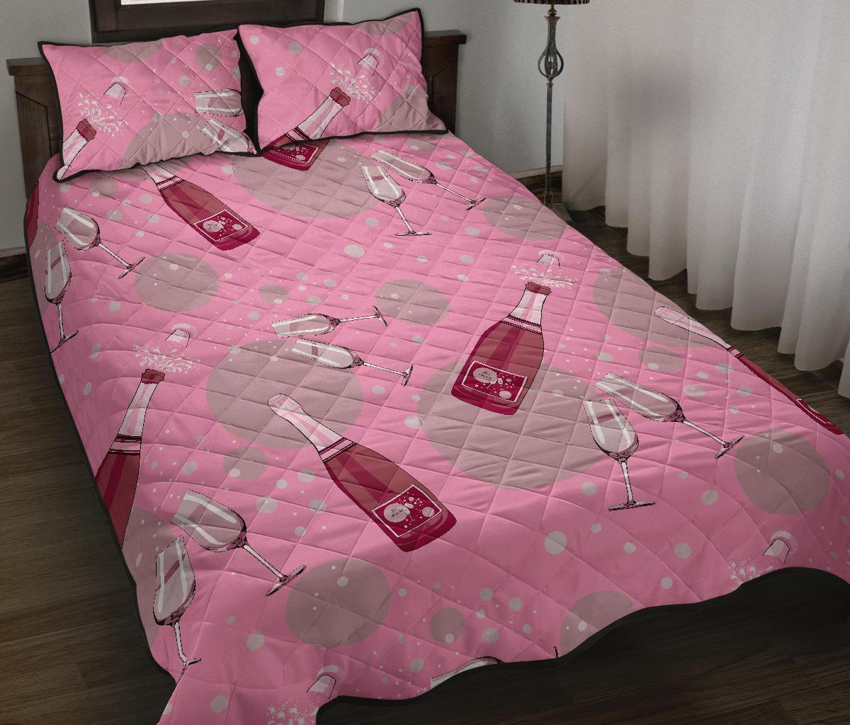 Pink Champagne Pattern Print Bed Set Quilt-grizzshop