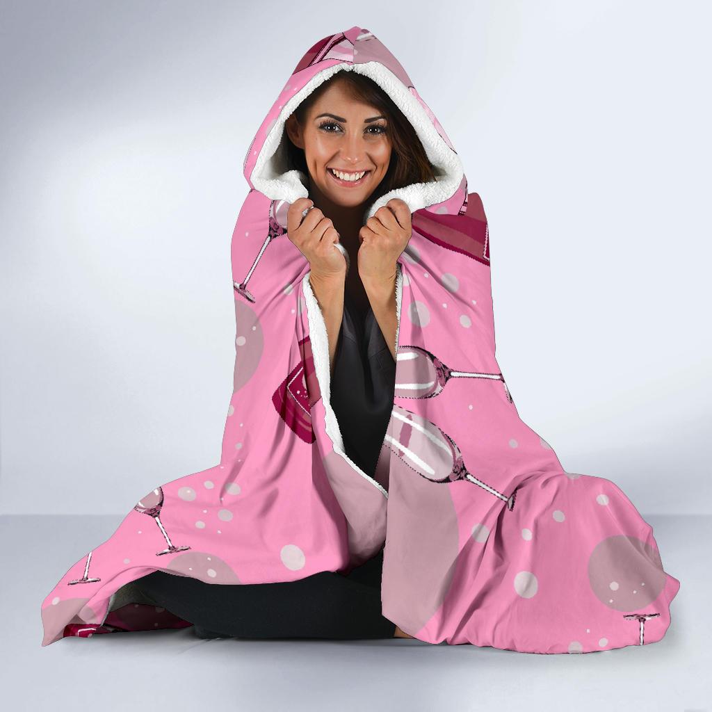 Pink Champagne Pattern Print Hooded Blanket-grizzshop
