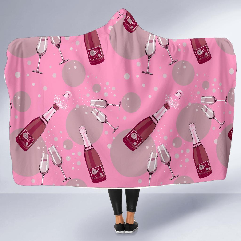 Pink Champagne Pattern Print Hooded Blanket-grizzshop