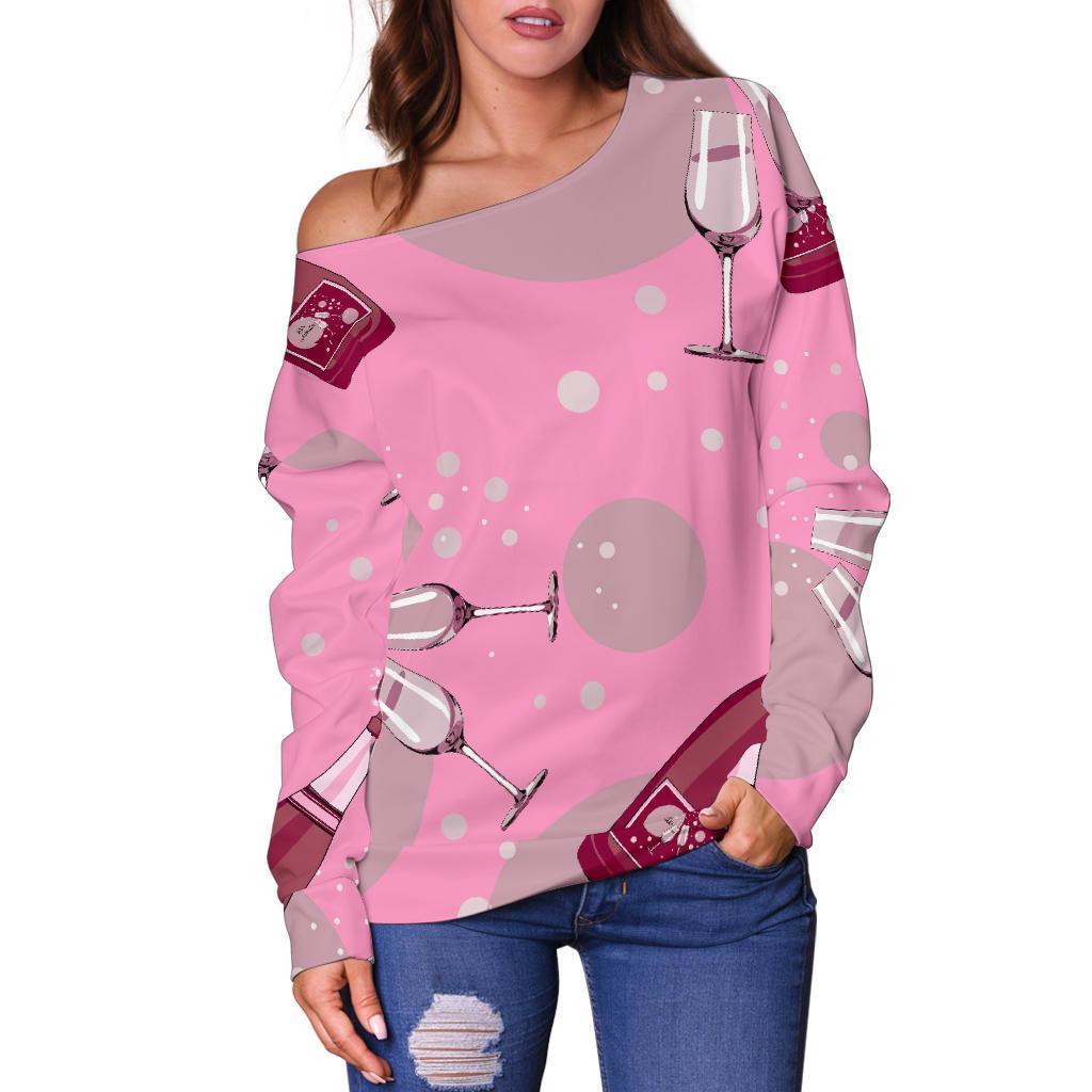 Pink Champagne Pattern Print Women Off Shoulder Sweatshirt-grizzshop