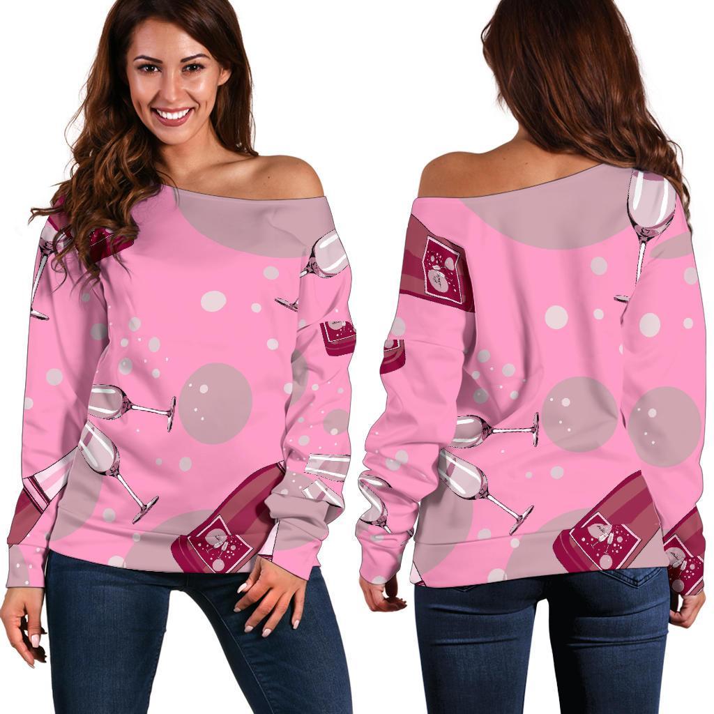 Pink Champagne Pattern Print Women Off Shoulder Sweatshirt-grizzshop