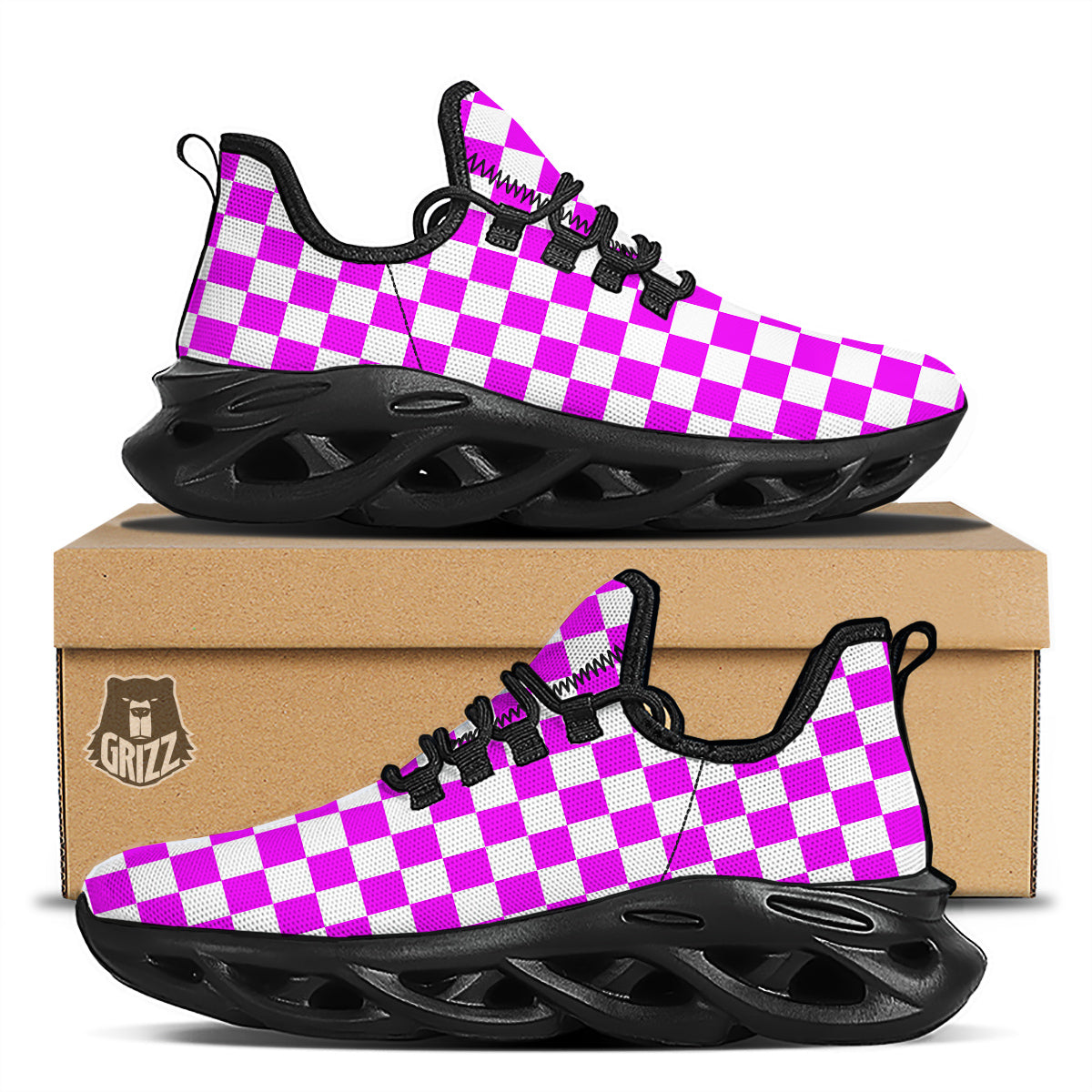 Pink Checkered Flag Print Black Running Shoes-grizzshop