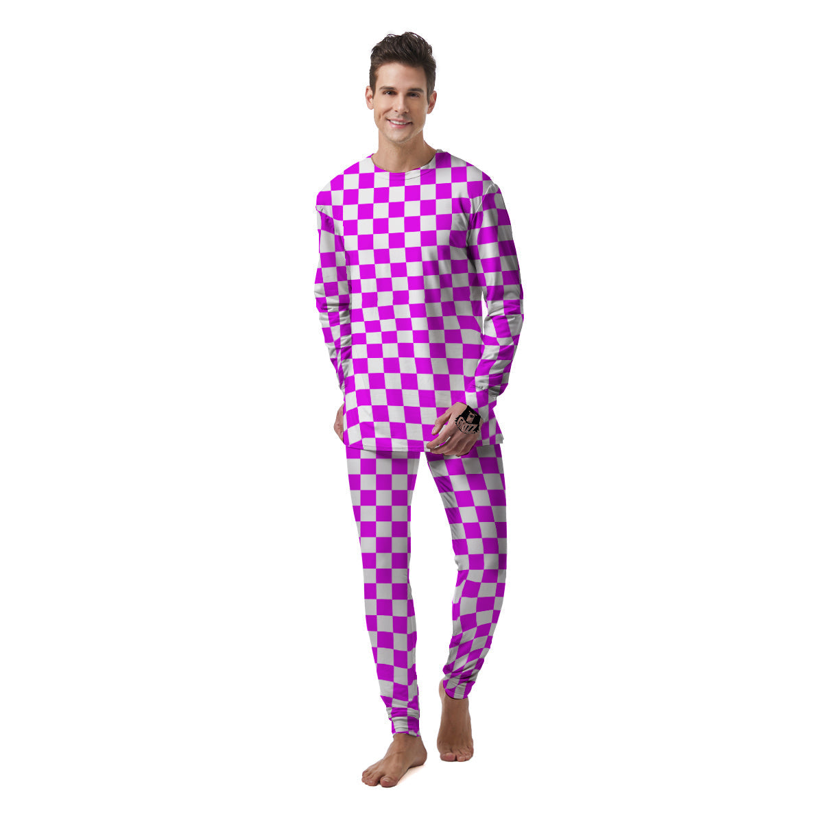 Pink Checkered Flag Print Men's Pajamas-grizzshop